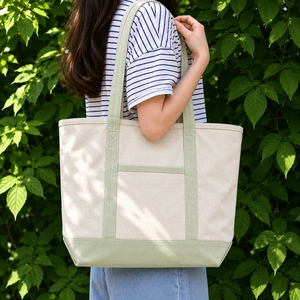 Bolsa de Lona de Gran Capacidad con Asa para el Hombro, Rayas Verde Salvia, Bolsa de Compras Diaria - Product Image 1