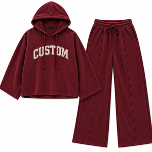 Conjunto de Sudadera con Capucha Oversize para Mujer con Logotipo Personalizado y Pantalón de Pierna Ancha, Sudadera con Capucha de Hombro Caído de Forro Polar Grueso con Letras Personalizadas - Product Image 3