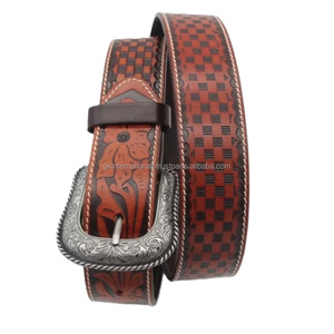 Customized Basketweave Design Embossed Full Grain Men's Fashion Western Leather Hand <b>Tooling</b> <b>Belt</b> for Jeans - Product Image 2