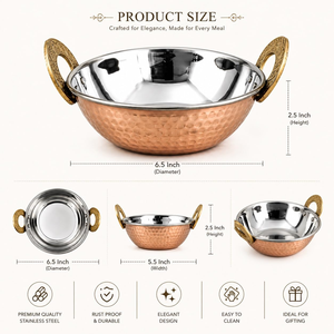 Karahi de service en cuivre martelé et acier inoxydable, artisanal, pour cuisine indienne, ustensile de cuisine et de service en métal pour cuisine et restaurant - Product Image 4