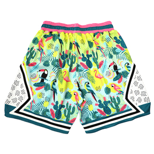 Shorts de bain pour hommes en tissu tissé à imprimé tropical, avec logo frontal, bande latérale, taille élastique, respirant, style sportif décontracté, service OEM - Product Image 3