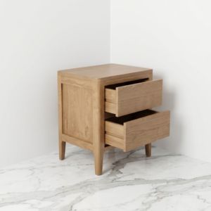Commode compacte moderne scandinave en teck massif à deux tiroirs, pieds effilés, bois naturel, meuble de chambre à coucher, fabrication usine - Product Image 1