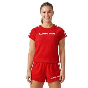 Ensemble 2 pièces en tissu éponge rose pour femme Alpha Gam, t-shirt à manches courtes et col rond, short au-dessus du genou, tenue décontractée pour le printemps et l'été - Product Image 2
