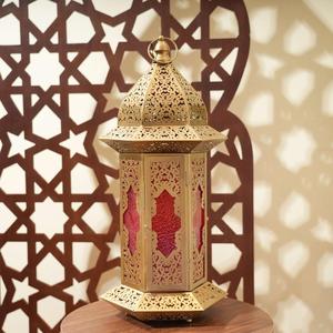 Wholesale Ramadan Home Decorations <b>Gold</b> Metal Moroccan Candle Holder <b>Lantern</b> with Color Glass for Tabletop - Product Image 5