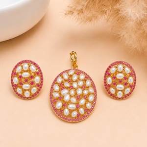 RAY FINE ORNATES <b>Ruby</b> Pearl Princess Cut Pendant <b>Necklace</b> Victorian Gold Plated CZ Bridal Statement <b>Necklace</b> Indian Wedding - Product Image 1