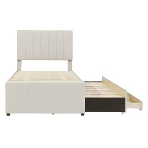 Letto a piattaforma imbottito in tessuto di lino beige, misura twin, con letto estraibile e 3 cassetti - Product Image 5
