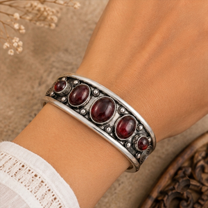 <b>Ruby</b> Red Garnet Five Stone Wide Cuff Bangle Handmade Brass Silver Gold Plated Classic Unisex Gift Jewelry - Product Image 2