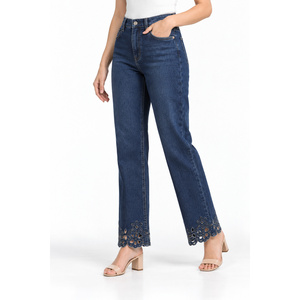Jeans de Mezclilla para Mujer, Cintura Alta, Corte Recto, con Adornos Florales en el Dobladillo, Color Índigo - Product Image 3