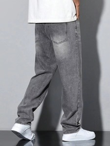 Men's Straight-leg Autumn <b>Jeans</b> Embroidery <b>Button</b> Light Wash Casual Cotton Woven Denim Suitable Daily Wear - Product Image 2