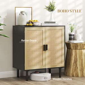 Modern Bohemian <b>Sideboard</b> 31.5\" Wood Buffet Cabinet with 2 Rattan Doors and Shelves Black for Living Room Hallway - Product Image 5