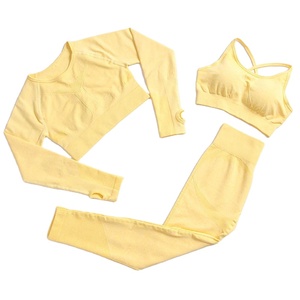 Ensemble de yoga 2 pièces respirant, taille élastique mi-haute, texturé, sans couture, avec soutien-gorge rembourré, grande taille, en Spandex/Nylon, pour le sport - Product Image 1