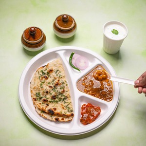 Assiette ronde jetable en bagasse de 11 pouces à 4 compartiments, en pulpe de canne à sucre, compostable pour plats à emporter et buffets - Product Image 5