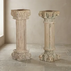 Heritage Wooden <b>Tall</b> <b>Pillar</b> <b>Candle</b> Stand Hand Carved Floral Design Farmhouse Home Hotel Indoor Outdoor Decorative Display - Product Image 2