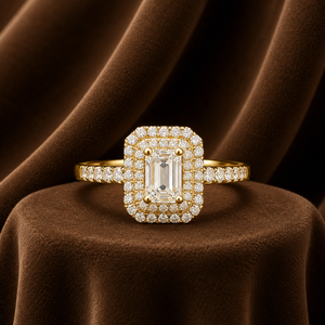 Women 14K Plated Yellow Gold Engagement <b>Ring</b> Halo <b>Emerald</b> Diamond Moissanite Anniversary Bridal <b>Ring</b> - Product Image 1