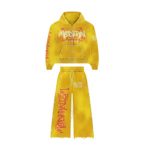 ผู้ผลิตเสื้อผ้าปากีสถานชั้นนำ กางเกงขาบานสั่งทำพิเศษ สไตล์วินเทจฟอกสีซีดแบบย้อมกรด พิมพ์ลายพัฟฟ์ ชุดวอร์มผ้าฝ้ายสำหรับผู้ชาย สตรีทแวร์ - Product Image 5