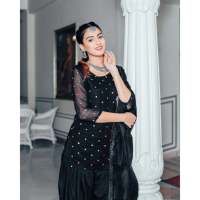 Ensemble de costume Patiala pour femmes, taille XS, écologique, noir pierre, tissu en mousseline, matière en georgette