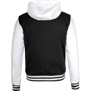 <b>Men's</b> Black <b>White</b> Varsity <b>Jacket</b> Hooded Button Closure Fleece Lining Casual Autumn Wear Regular Fit - Product Image 3