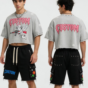 เสื้อยืดโอเวอร์ไซส์พิมพ์ลายกราฟิกแบบกำหนดเองสำหรับทุกเพศ พร้อมกางเกงขาสั้น ผ้าฝ้าย 100% คุณภาพพรีเมียม พิมพ์ลาย DTF ชุดประดับคริสตัลแบบดิสเทรส - Product Image 4