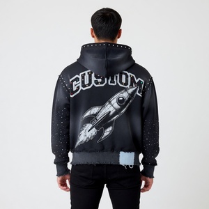 Sudadera con capucha extragrande con cremallera y logotipo personalizado, de alta calidad, 400 GSM, efecto desgastado, con pedrería, unisex, estilo urbano - Product Image 6