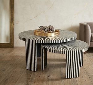 Table basse moderne contemporaine en os incrusté avec détails en agate, tables gigognes rondes en bois pour salon, mobilier de villa - Product Image 3