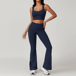 Ensemble de yoga 2 pièces pour femme, le plus vendu, couleur jaune unie, bretelles spaghetti, col rond, sans manches, coupe ajustée, taille haute élastique - Product Image 6