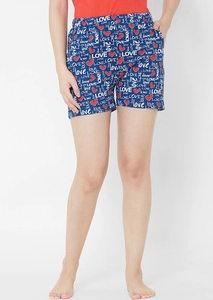 Women's Blue Print Cotton Shorts Casual <b>Elastic</b> Waist Knitted Breathable Regular Fit Letter Pattern - Product Image 1
