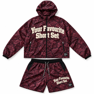 Ensemble court unisexe Rexfit Sports imprimé bordeaux en nylon respirant et léger, veste zippée intégrale et short à cordon de serrage, personnalisable - Product Image 1