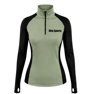 Women Quarter Zip Athletic <b>Top</b> Sage Green Long Sleeve Fitted Sports Training Shirt High Collar <b>Thumbhole</b> Performance Activewear - Product Image 1