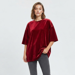 T-shirt en velours surdimensionné pour femme, col rond, manches courtes, coupe ample, style vintage streetwear, tissu épais, pour l'hiver - Product Image 2