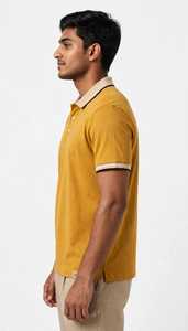 Chemise décontractée à manches longues pour homme, tricotée, imprimée par transfert thermique, rayée, jaune moutarde, col boutonné, 200g, teinte en fil - Product Image 4