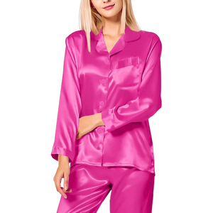 Women's <b>Pink</b> Satin Long Sleeve <b>Pajama</b> Set Full Length Button Front Sleepwear Elegant Smooth 100% <b>Silk</b> Material - Product Image 3