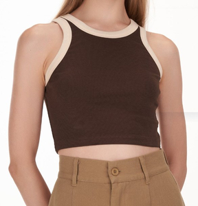 <b>Women</b> Solid Color <b>Knitted</b> <b>Tank</b> <b>Top</b> O-Neck Cropped Sleeveless Minimalist Style Brown Beige Trim - Product Image 1