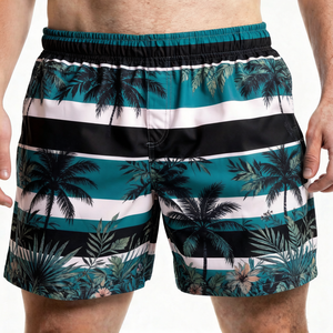 Short de bain pour homme à imprimé palmier tropical, séchage rapide, taille mi-haute élastique, décontracté, en tissu tissé 100% polyester - Product Image 1