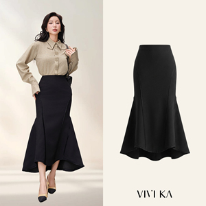 Women's High Waist Black <b>Mermaid</b> Midi <b>Skirt</b> Panelled High Low Asymmetric Fluted Hem Elegant Chic Office Formal Suiting ELOURA - Product Image 1
