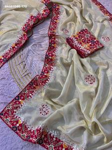 Sari tradicional indio con hermoso brillo Cosmos, con trabajo Gotapatti de Jaipur y borde Patola, conjunto de sari y blusa, proveedor de la India - Product Image 5