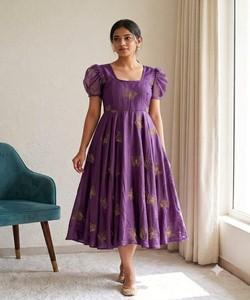 Vestido Midi Morado de Rayón con Bordado de Mariposa Dorada, Elegante, Informal para Mujer, Estilo India Pakistán 86779 SHREE TEX- ST - 241 - Product Image 1