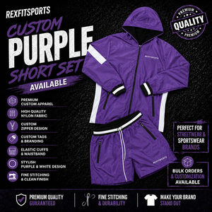 REXFIT SPORTS 2026 Custom <b>Men</b>’s Purple Nylon Hooded <b>Jacket</b> and Shorts Set Full Zip Streetwear Sportswear Private Label - Product Image 1