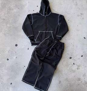 Ensemble survêtement unisexe personnalisé 100 % coton, coupe évasée, effet vintage délavé, avec broderie vieillie et fermeture éclair, style jogging évasé - Product Image 4