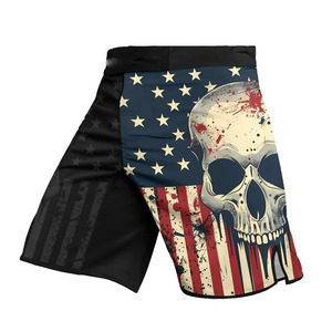 Shorts MMA pour hommes, imprimé drapeau américain et crâne, séchage rapide, polyester, vêtements d'arts martiaux mixtes, coupe régulière, taille adulte - Product Image 1