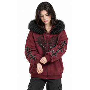 Sudadera con capucha y cremallera estilo gótico para mujer, con forro de piel sintética, estampado de cruz, cálida para invierno, de algodón - Product Image 5