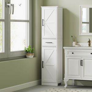 Mobiletto in Lino Bianco Stile Rustico per Bagno, 170 cm di Altezza, con Ante e Ripiani in MDF, Ideale per Ospedali - Product Image 2