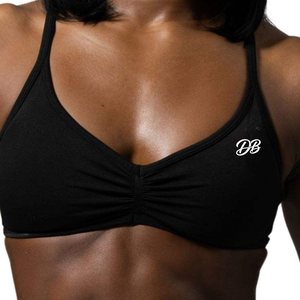 Soutien-gorge de sport noir froncé à col en V avec logo personnalisé pour femme, maintien élevé, rembourré, pour la gym, l'athlétisme, le fitness, crop top, vêtements de sport, vente en gros - Product Image 5