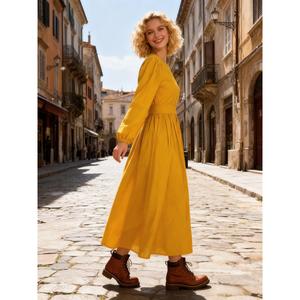 Robe longue bohème unie jaune moutarde pour femme, col en V, manches longues, taille haute élégante, coupe fluide, style décontracté, robe midi - Product Image 4