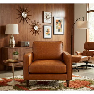 Sillón de Cuero Moderno de Mediados de Siglo, Silla de Salón de Líneas Limpias, Tono Cálido, Estilo Retro, Muebles para Sala de Estar - Product Image 1