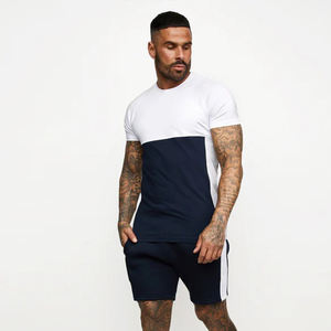 T-shirt pour homme blanc et bleu marine à blocs de couleur, manches courtes, coupe ajustée, décontracté, en coton, avec logo personnalisé - Product Image 2