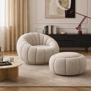 Fauteuil barillet moderne en tissu doux capitonné ivoire avec ottoman assorti pour salon, meubles confortables - Product Image 1