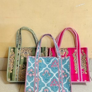 Bolsos Tote Mini de Algodón Acolchado Estilo Bohemio con Dos Aberturas, Estampado de Bloques, Bolsos Pequeños Reutilizables de Tela Hechos a Mano para Regalo - Product Image 2