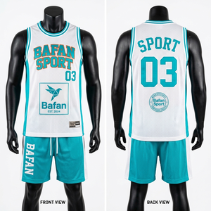 Ensemble uniforme de basket-ball en maille respirante 180 GSM, blanc et turquoise, avec imprimé sur les côtés, 2 pièces, pour hommes - Product Image 1