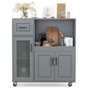 Carrello da Cucina Grigio con Ruote Girevoli a 360 Gradi, Acciaio al Carbonio, Ripiano per Microonde, Cassetto, Armadietto a 2 Ante in Vetro, Portatile - Product Image 2