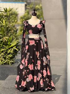 Lehenga Choli con Estampado Floral Tradicional para Niñas Georgette, con Dupatta, Ropa India para Bodas y Fiestas - Product Image 5